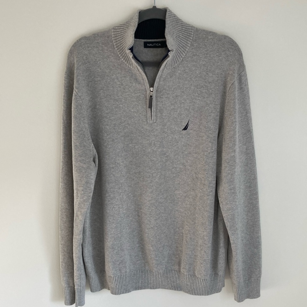 Nautica Quarter-Zip Sweater Men’s Size XL Grey 100% Cotton Office Golf